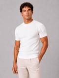 Men wearing white ribbed fit t shirt crew neck stretch short sleeve summer style