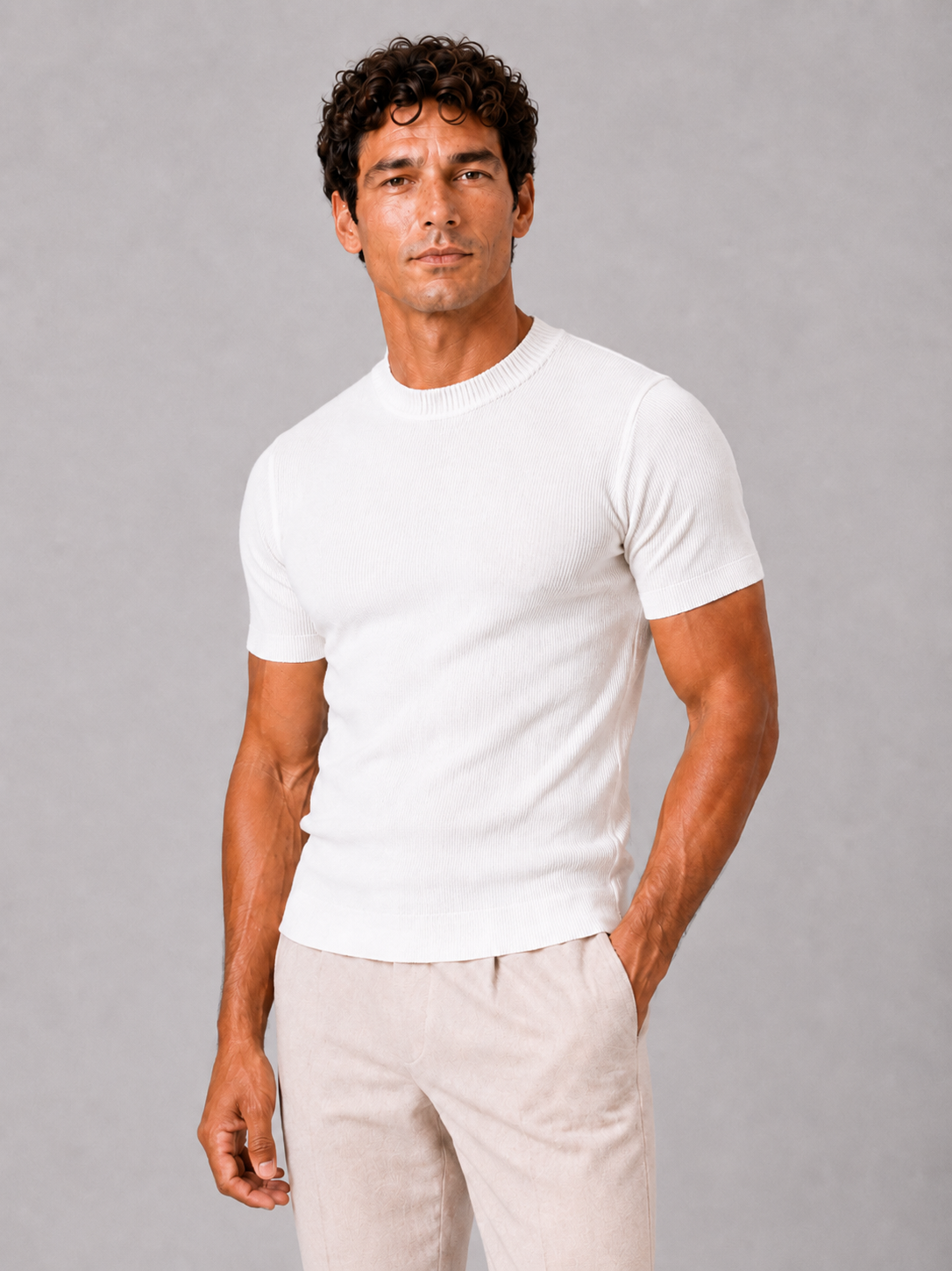 Men wearing white ribbed fit t shirt crew neck stretch short sleeve summer style