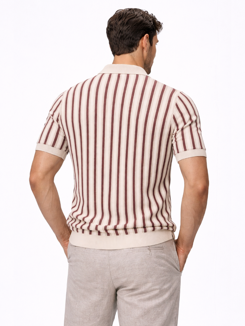 Beige striped knitted polo shirt open collar soft breathable fabric refined casual outfit