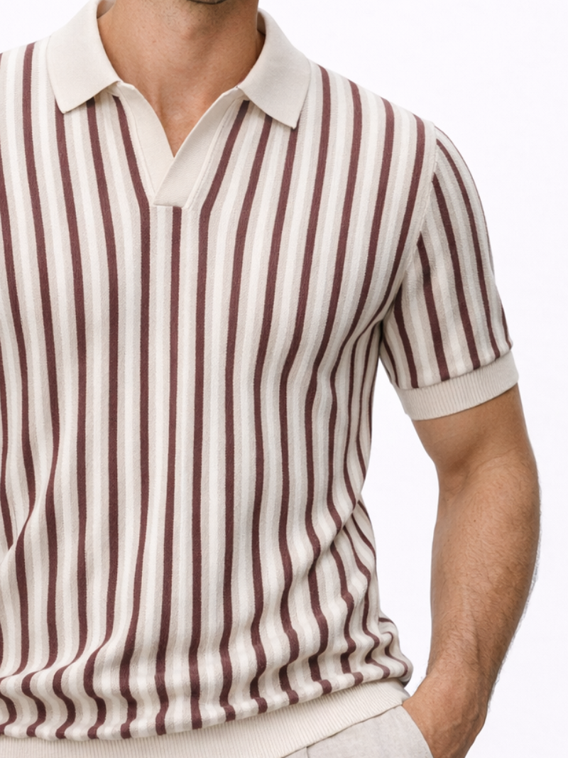 Men’s beige striped knit polo open collar lightweight comfortable summer casual wear