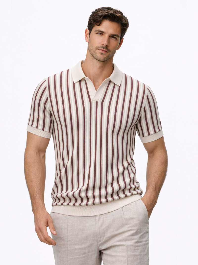 Men wearing beige striped knitted polo open collar lightweight breathable soft summer style