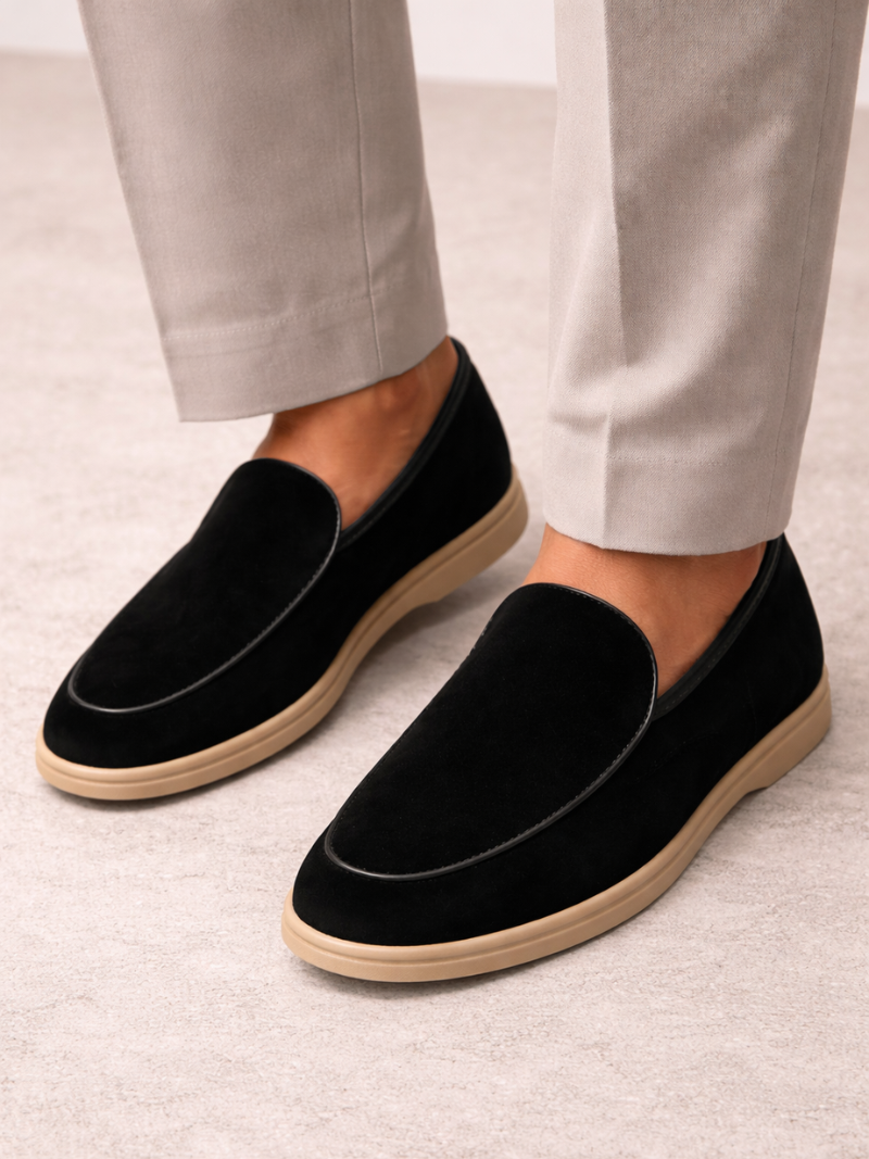 Men wearing black suede loafers lightweight slip on driving shoes soft comfortable quiet luxury style