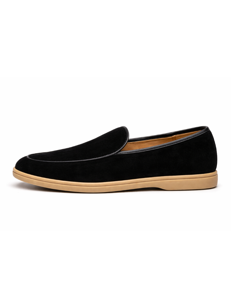 Black suede loafers slip on lightweight driving shoes soft comfortable refined casual wear