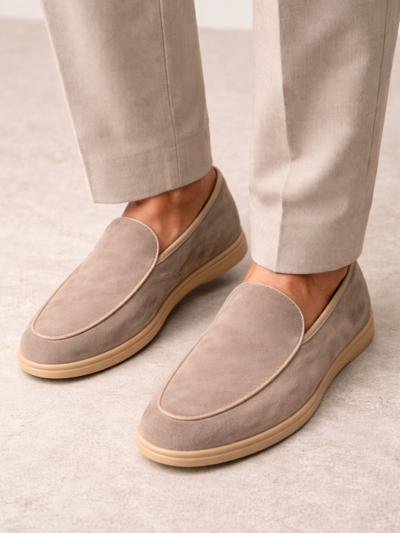 Men wearing taupe suede loafers lightweight slip on driving shoes soft comfortable quiet luxury style