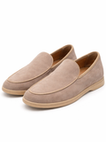 Taupe suede loafers soft lightweight slip on driving shoes minimal modern quiet luxury style