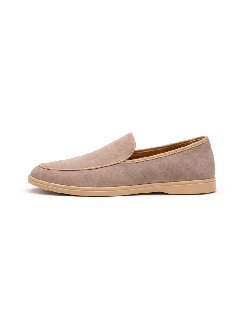 Taupe suede loafers slip on lightweight driving shoes soft comfortable refined casual look