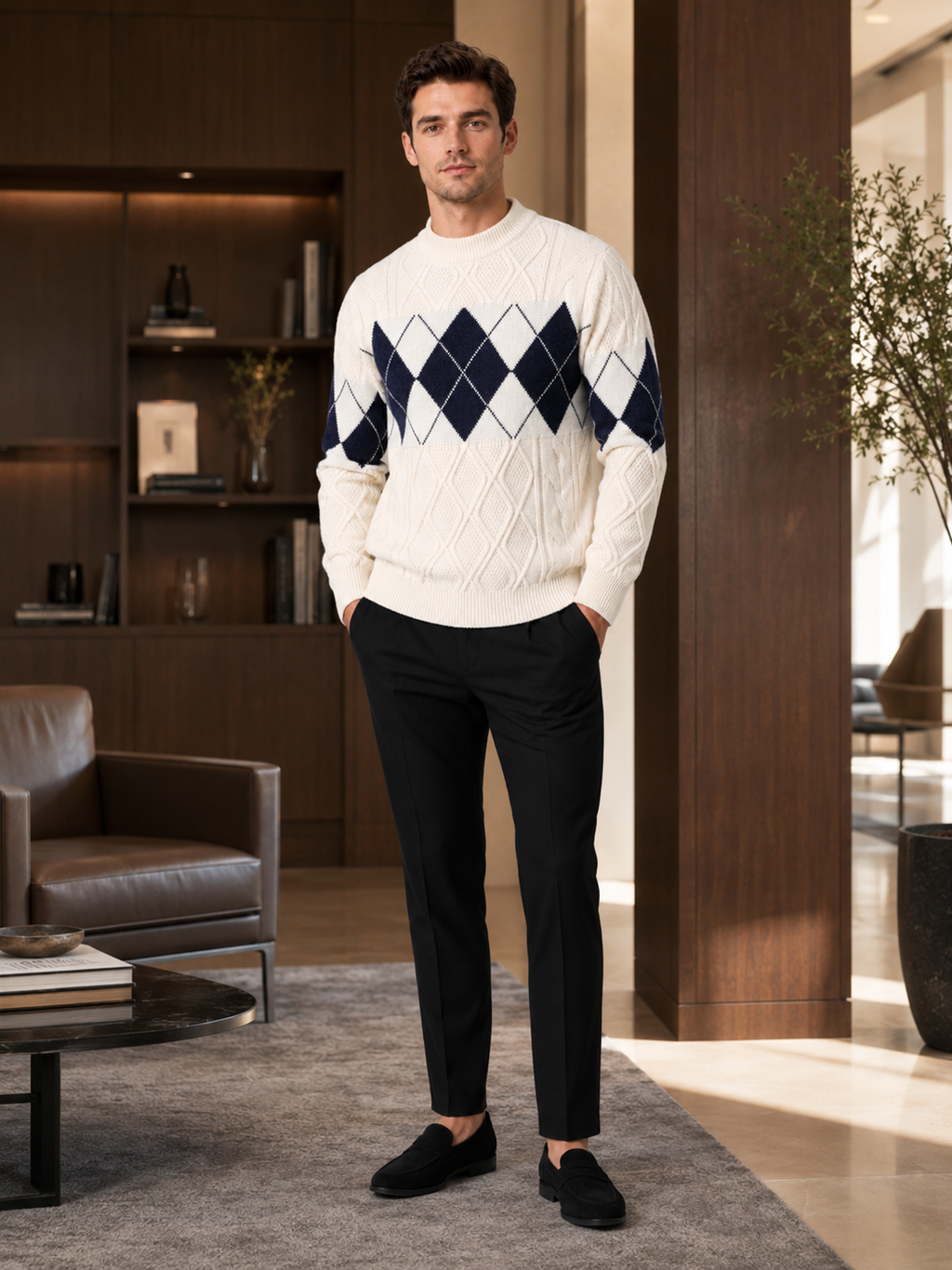 Man wearing a white argyle cable knit mock neck sweater in a refined business casual fall winter outfit