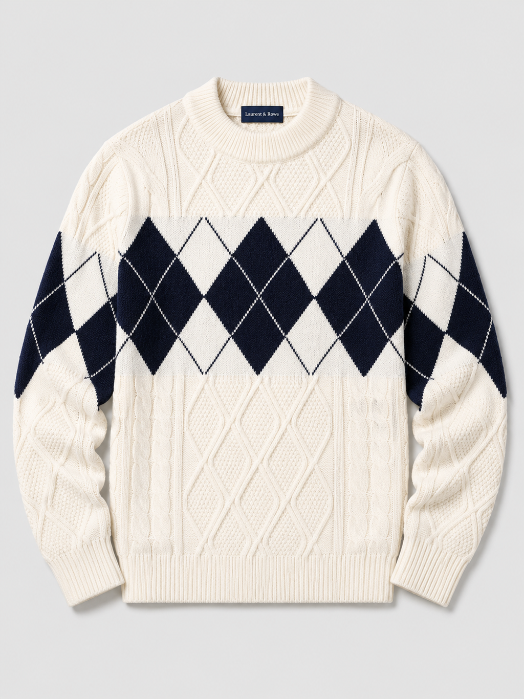 White men’s argyle cable knit mock neck sweater with a patchwork design displayed on a plain background