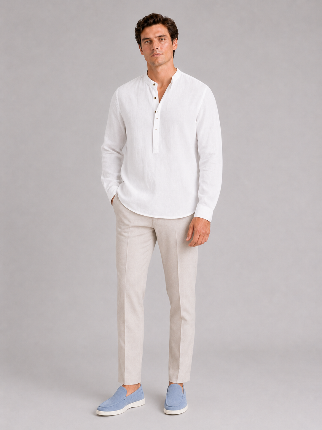 White band collar shirt for men loose fit long sleeve top for vacation and everyday wear
