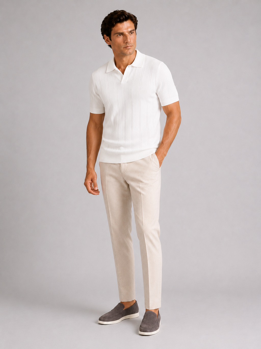 White slim fit knit polo shirt for men lightweight summer top for vacation and everyday wear