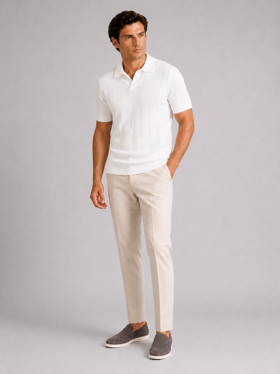 White slim fit knit polo shirt for men lightweight summer top for vacation and everyday wear