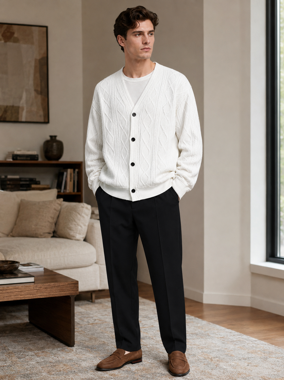Man wearing a white diamond cable knit cardigan sweater in a relaxed casual fall winter outfit for everyday wear