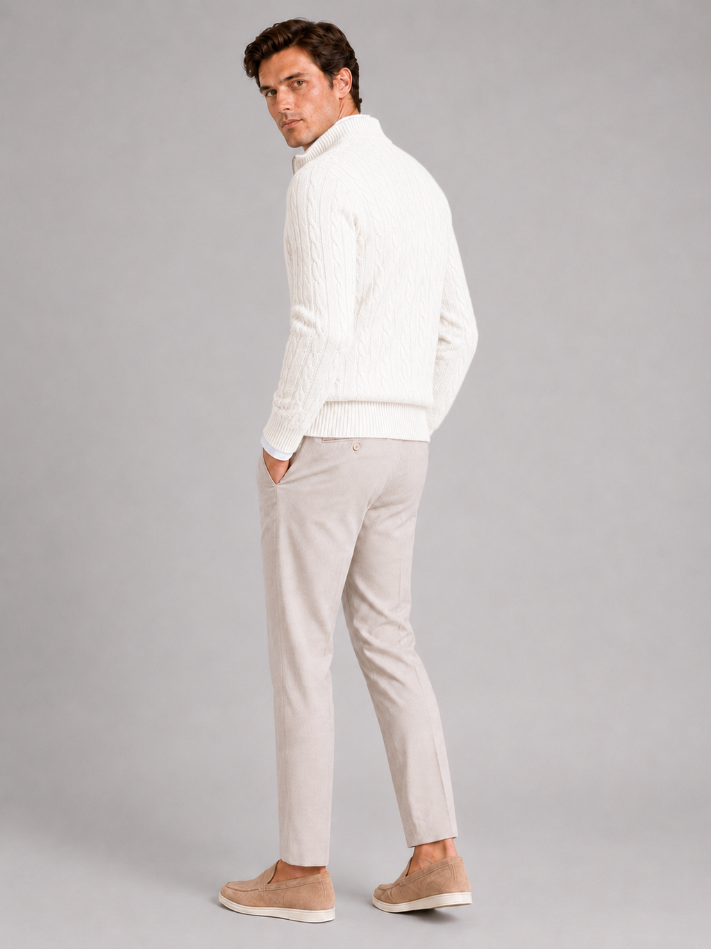 Men’s white cable knit cashmere sweater luxury warm top for business casual outfits