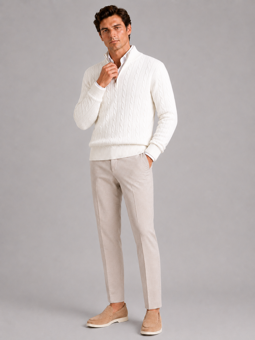 White pure cashmere quarter zip sweater for men warm pullover for everyday winter wear