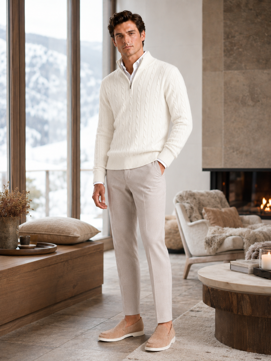 Man styling white cashmere quarter zip sweater in a clean winter lifestyle outfit