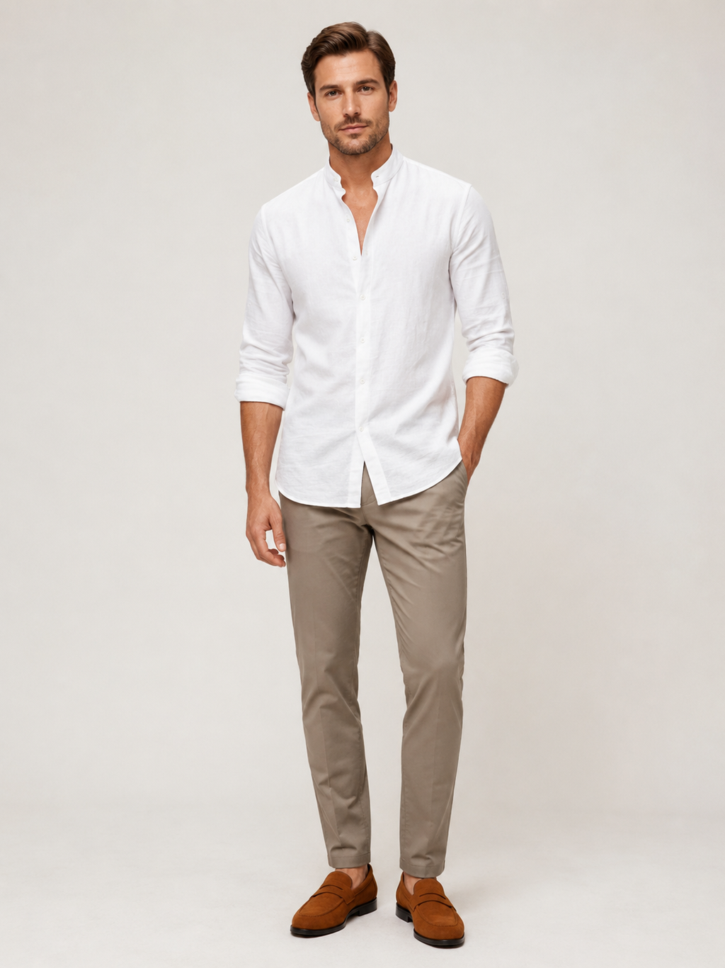 White cotton linen collarless shirt for men long sleeve summer top for vacation and everyday wear