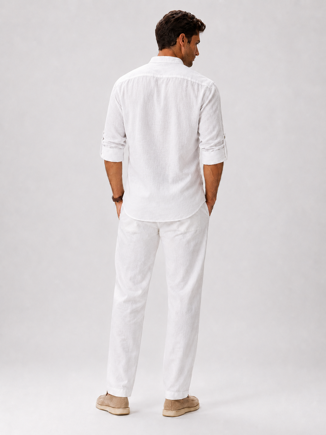 Men’s white button up shirt with band collar breathable fabric for vacation outfits
