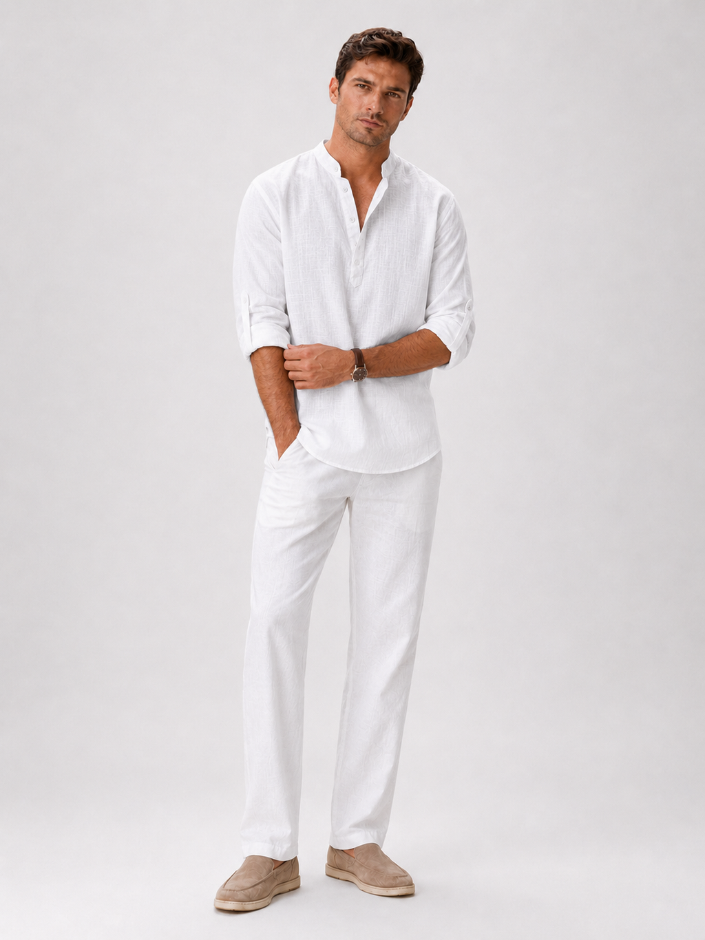 White band collar shirt for men lightweight summer top for coastal casual wear