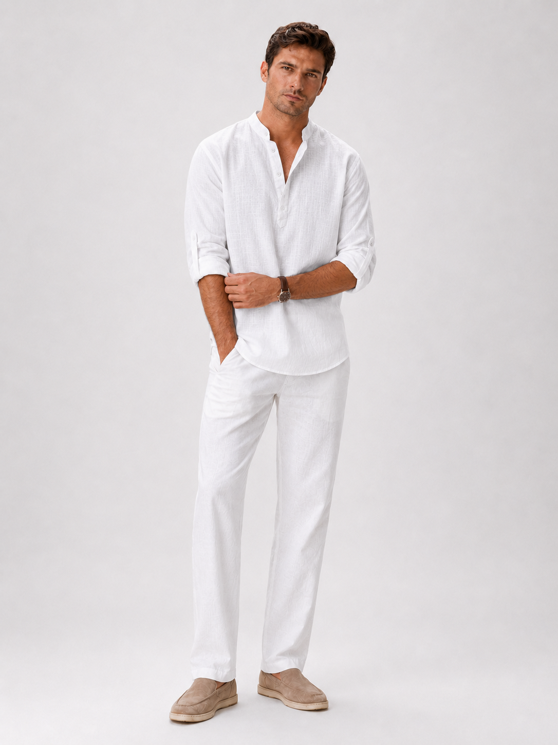 White band collar shirt for men lightweight summer top for coastal casual wear