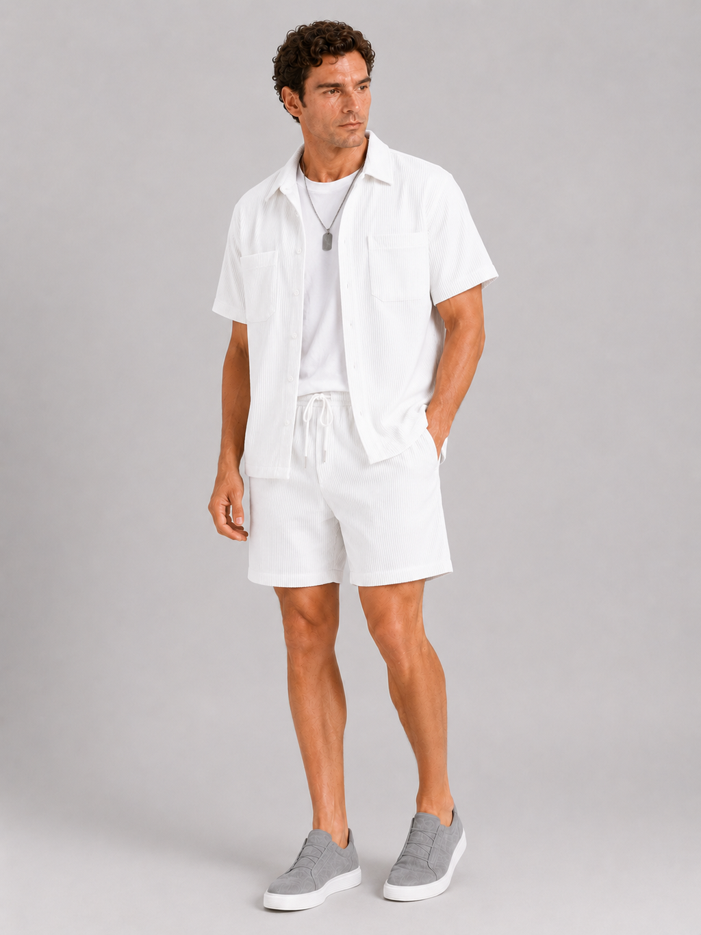 White corduroy matching shirt and shorts set for men relaxed summer beachwear outfit