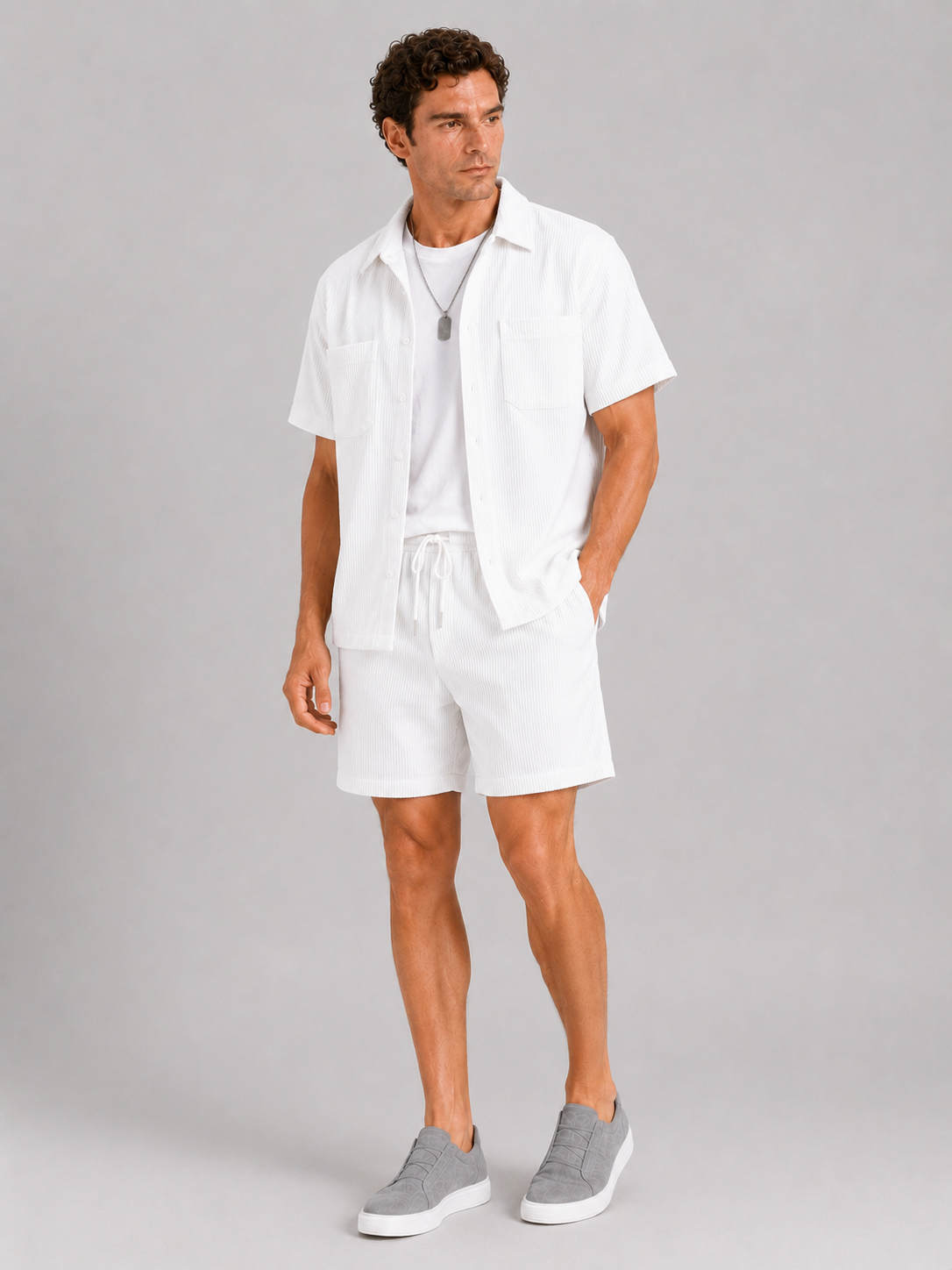 White corduroy matching shirt and shorts set for men relaxed summer beachwear outfit