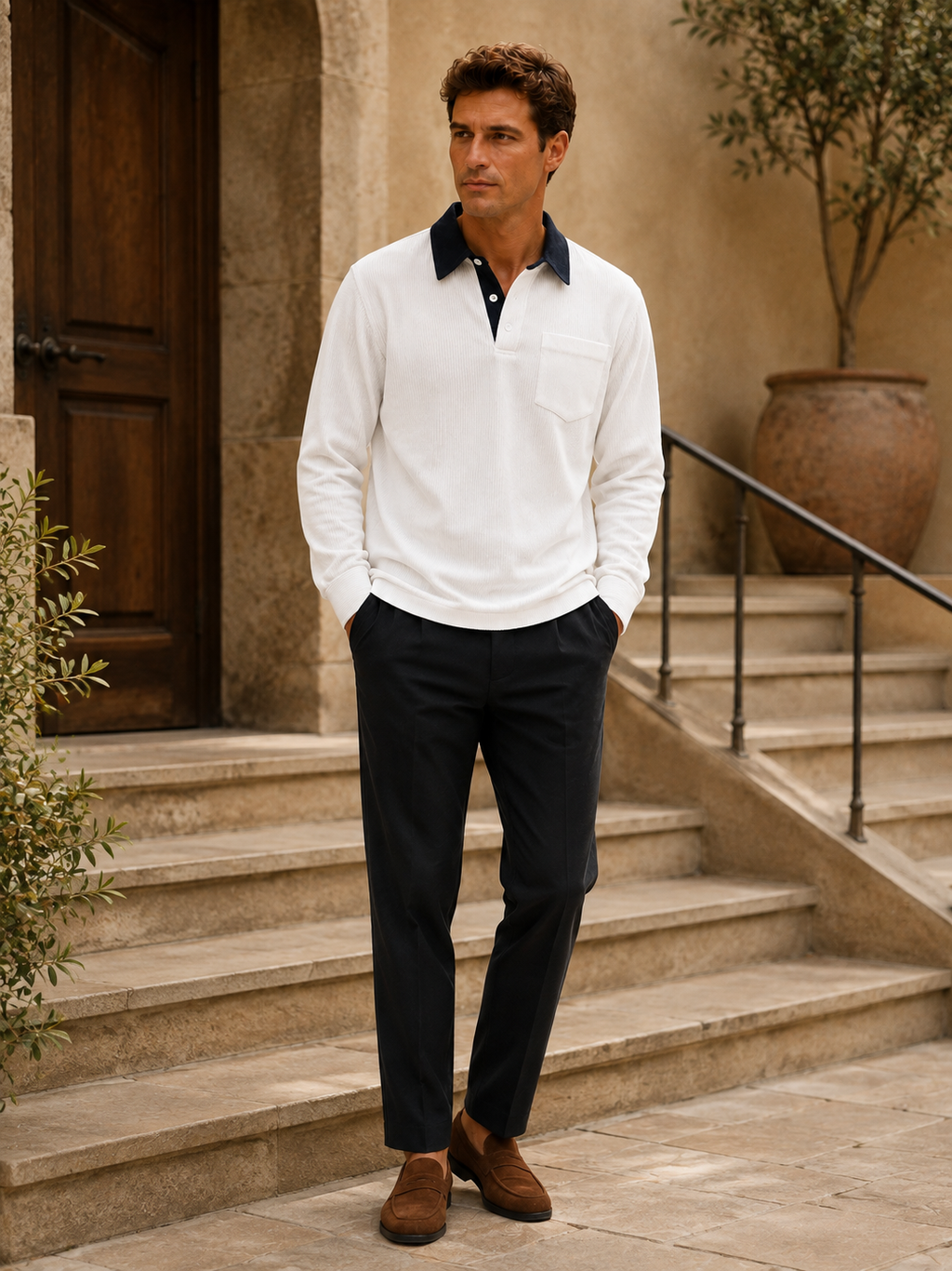 Man wearing a white corduroy long sleeve polo shirt in a casual fall everyday outfit