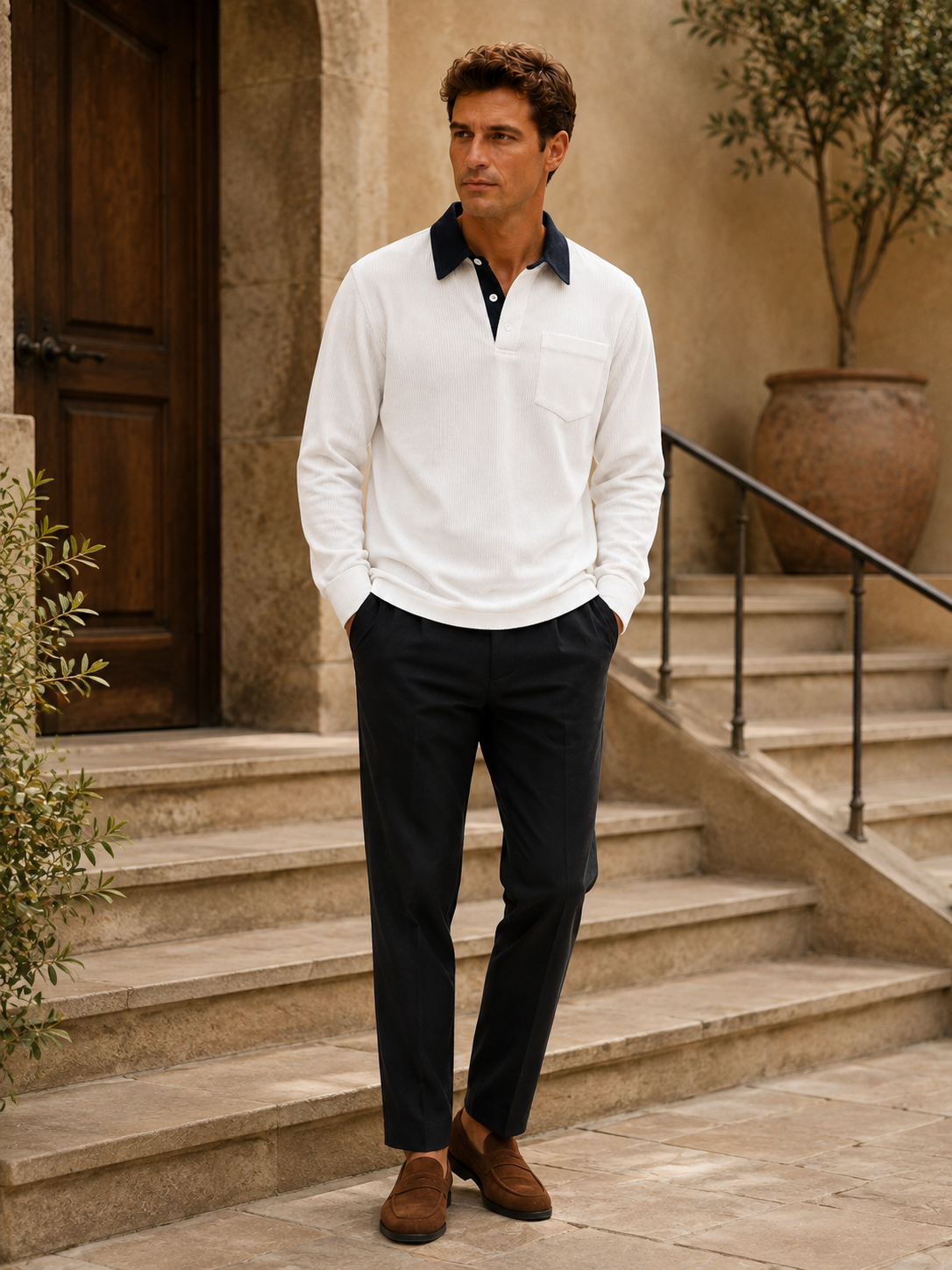 Man wearing a white corduroy long sleeve polo shirt in a casual fall everyday outfit
