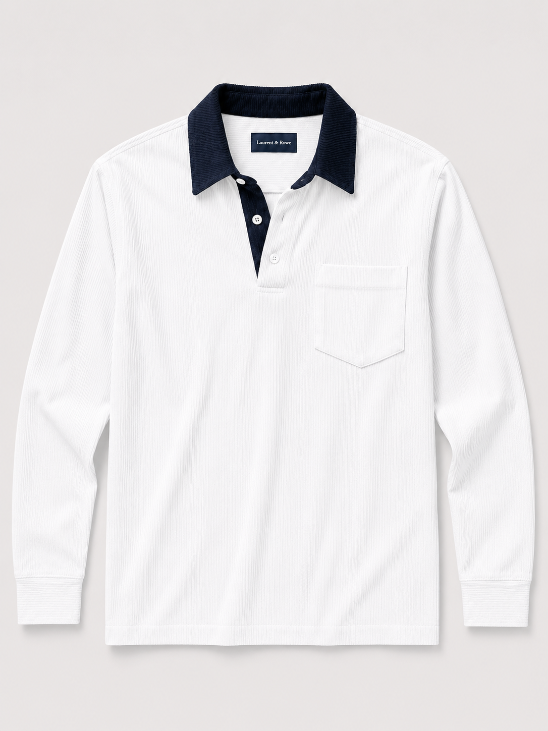 White men’s corduroy long sleeve polo shirt with a contrast turn-down collar displayed on a plain background