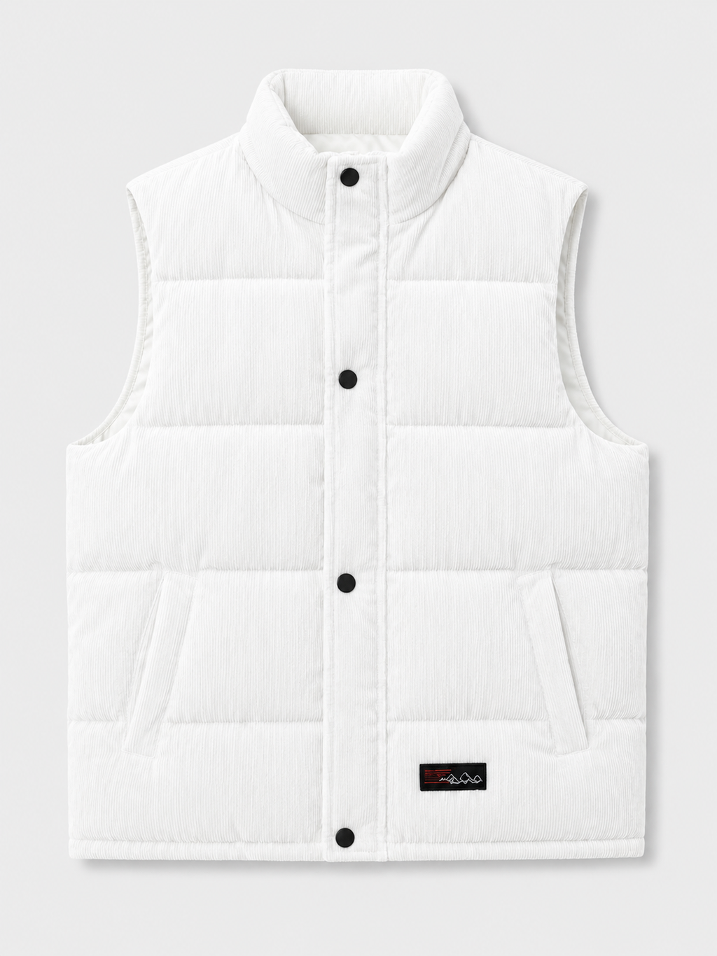White men’s thick padded corduroy puffer vest with a stand collar displayed on a plain background