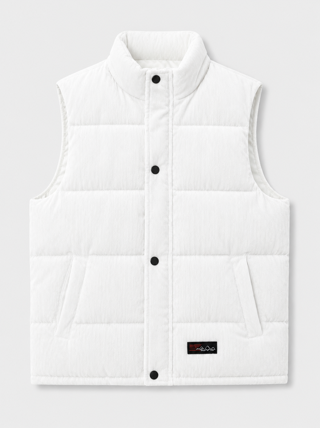 White men’s thick padded corduroy puffer vest with a stand collar displayed on a plain background