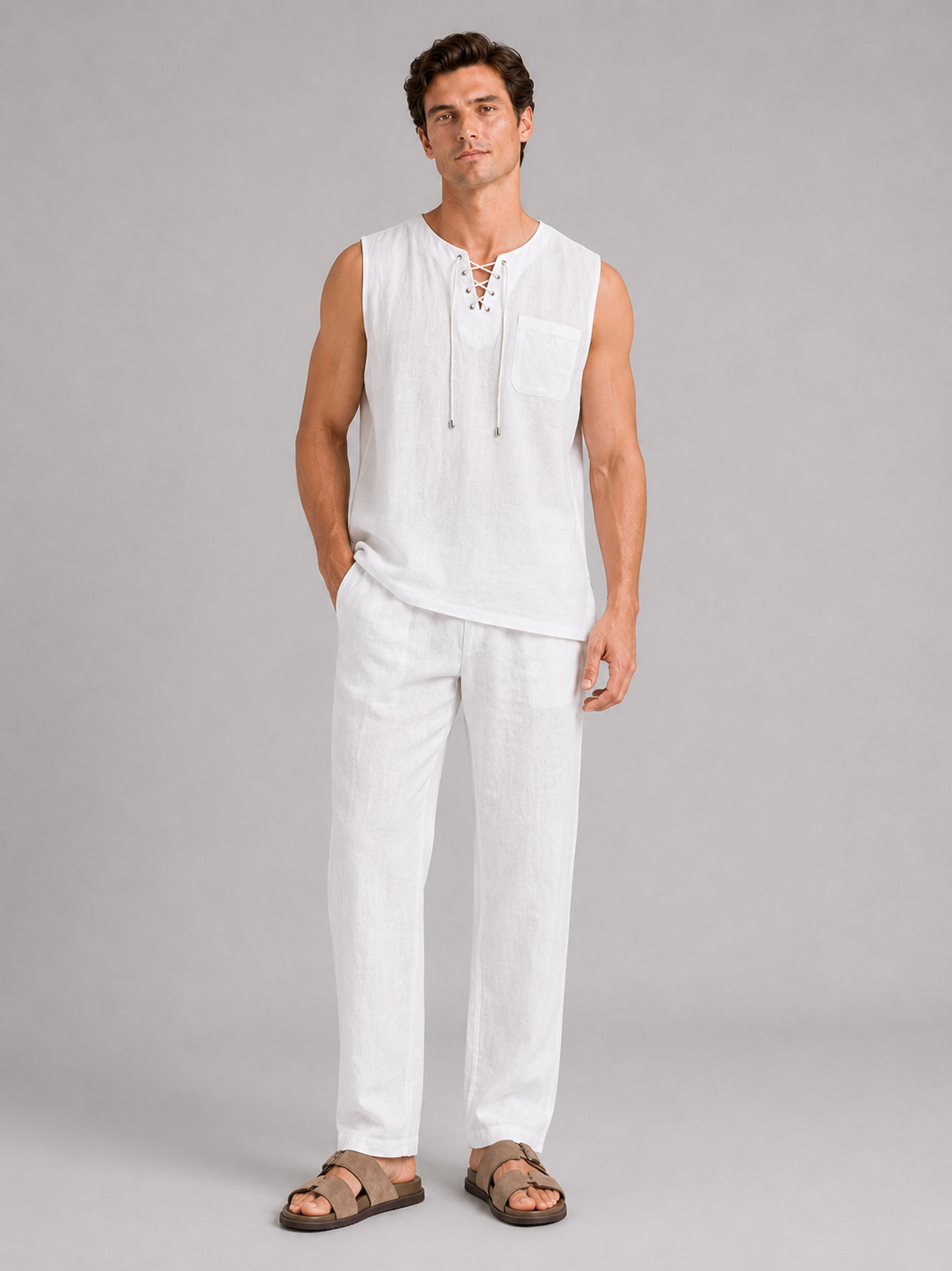 White sleeveless cotton linen shirt for men lightweight summer top for vacation and beach wear