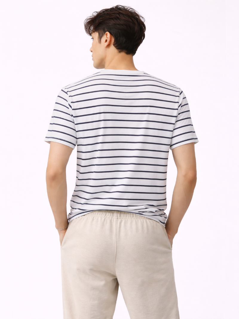 White cotton t shirt with black stripes lightweight breathable casual tee minimal summer style