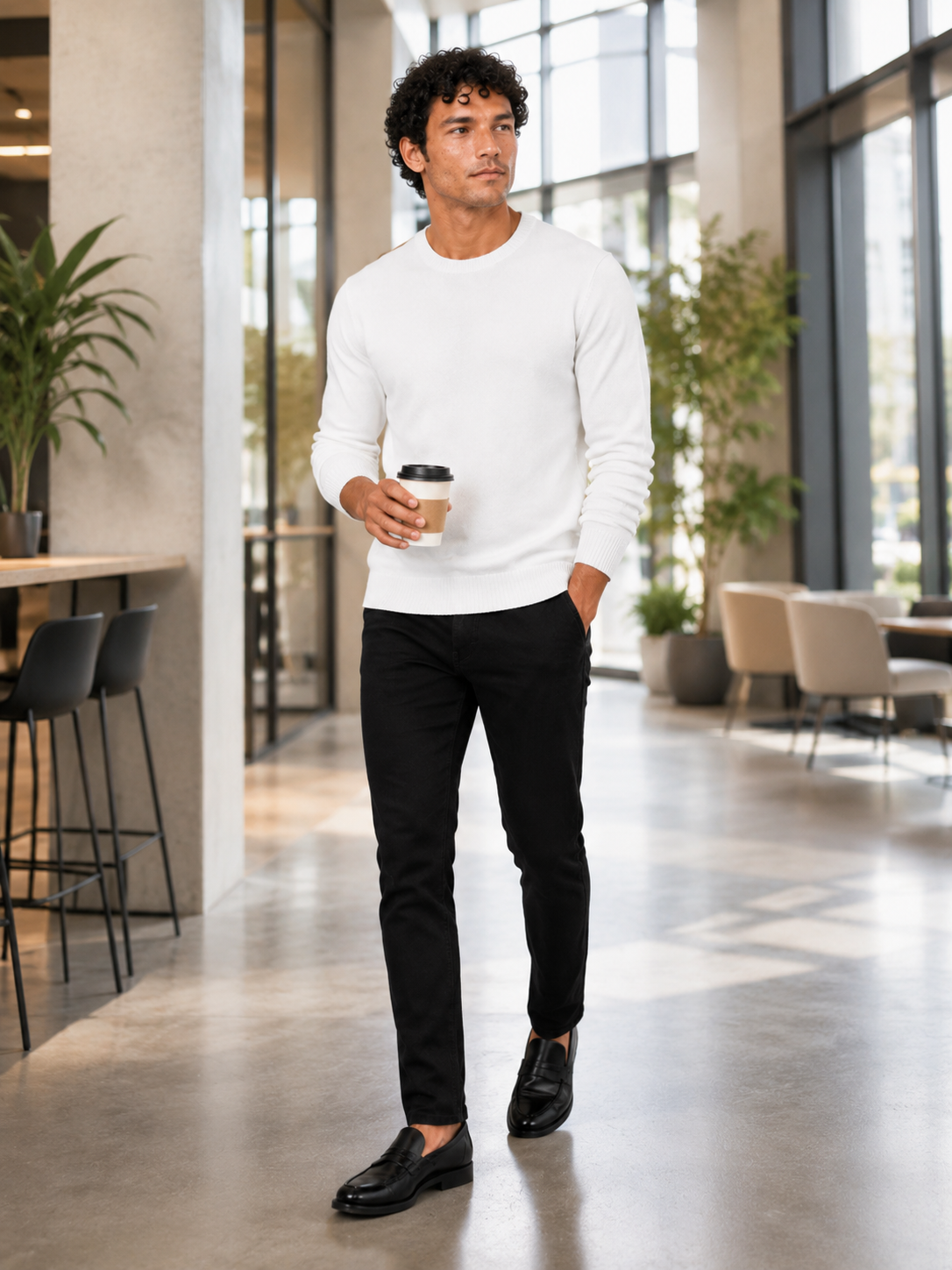 Man styling white crew neck knit sweater in a clean fall lifestyle outfit
