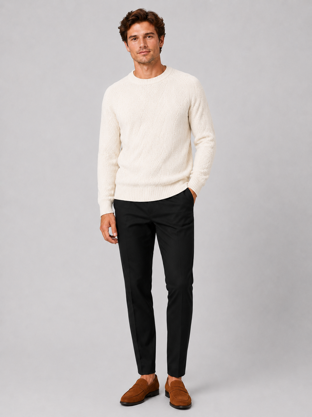 White crewneck sweater for men comfortable fall pullover for everyday wear