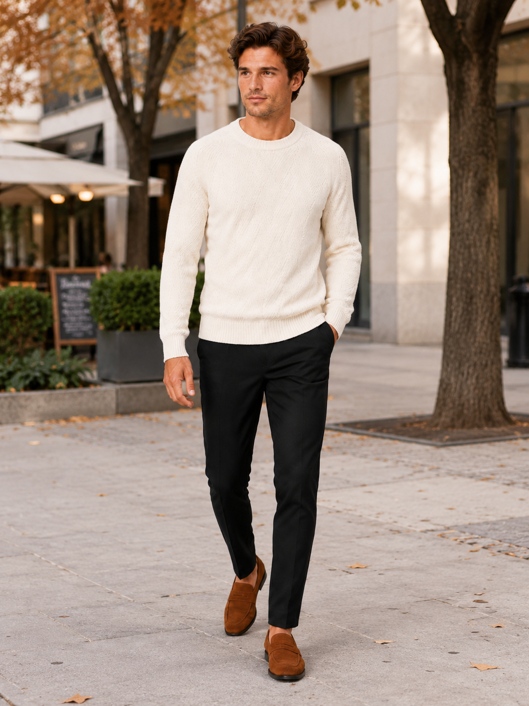Man styling white crewneck sweater in a clean minimalist fall everyday lifestyle outfit
