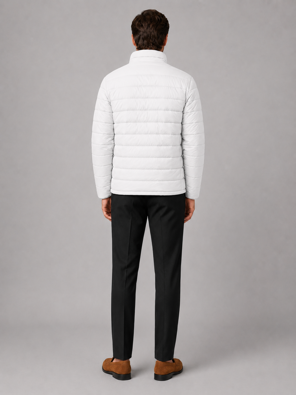 Men’s white insulated down jacket comfortable cold weather outerwear for hiking and casual outfits