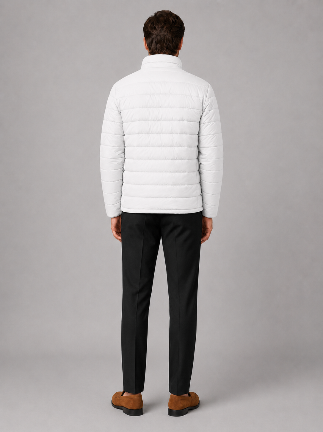 Men’s white insulated down jacket comfortable cold weather outerwear for hiking and casual outfits