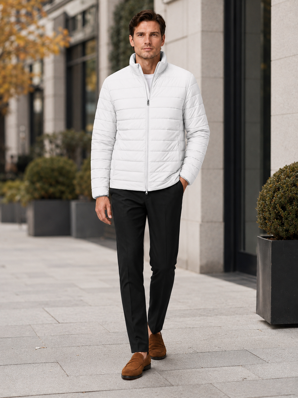 Man styling white down puffer jacket in a clean outdoor and everyday winter lifestyle outfit