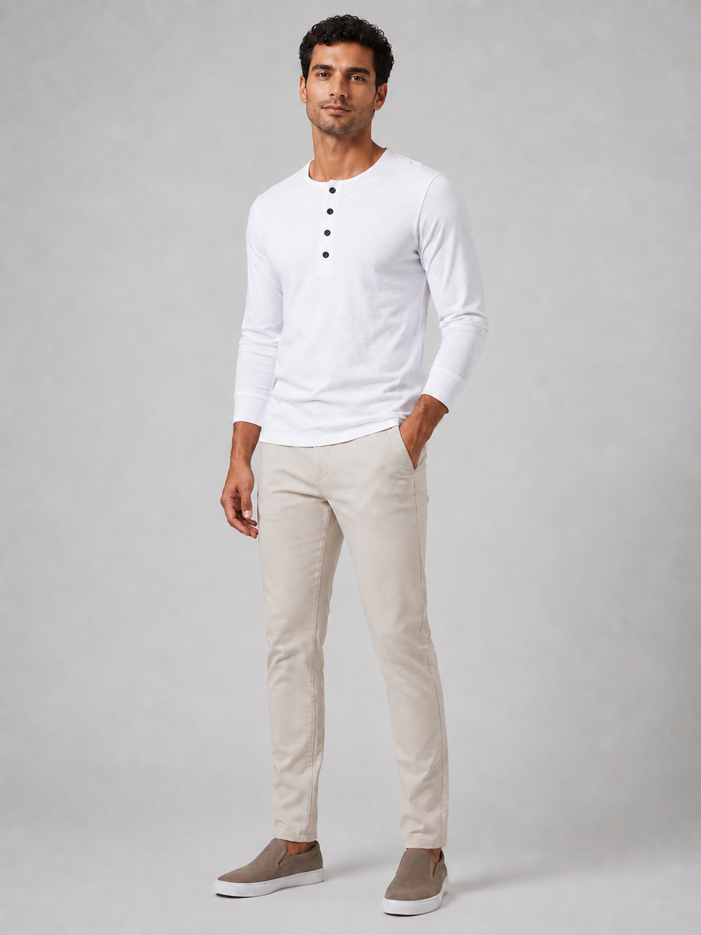 Men’s white long sleeve henley shirt slim fit comfortable spring wear