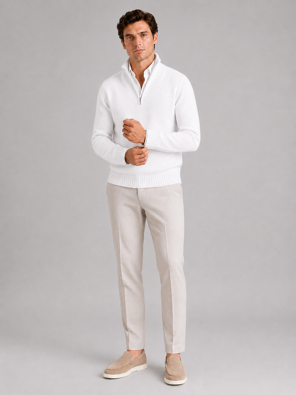 Men’s white solid color half zip sweater comfortable knit top for clean casual outfits