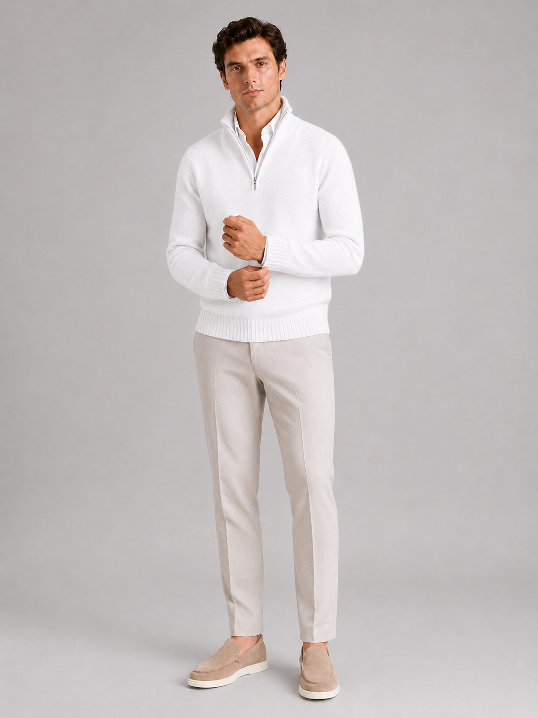 Men’s white solid color half zip sweater comfortable knit top for clean casual outfits