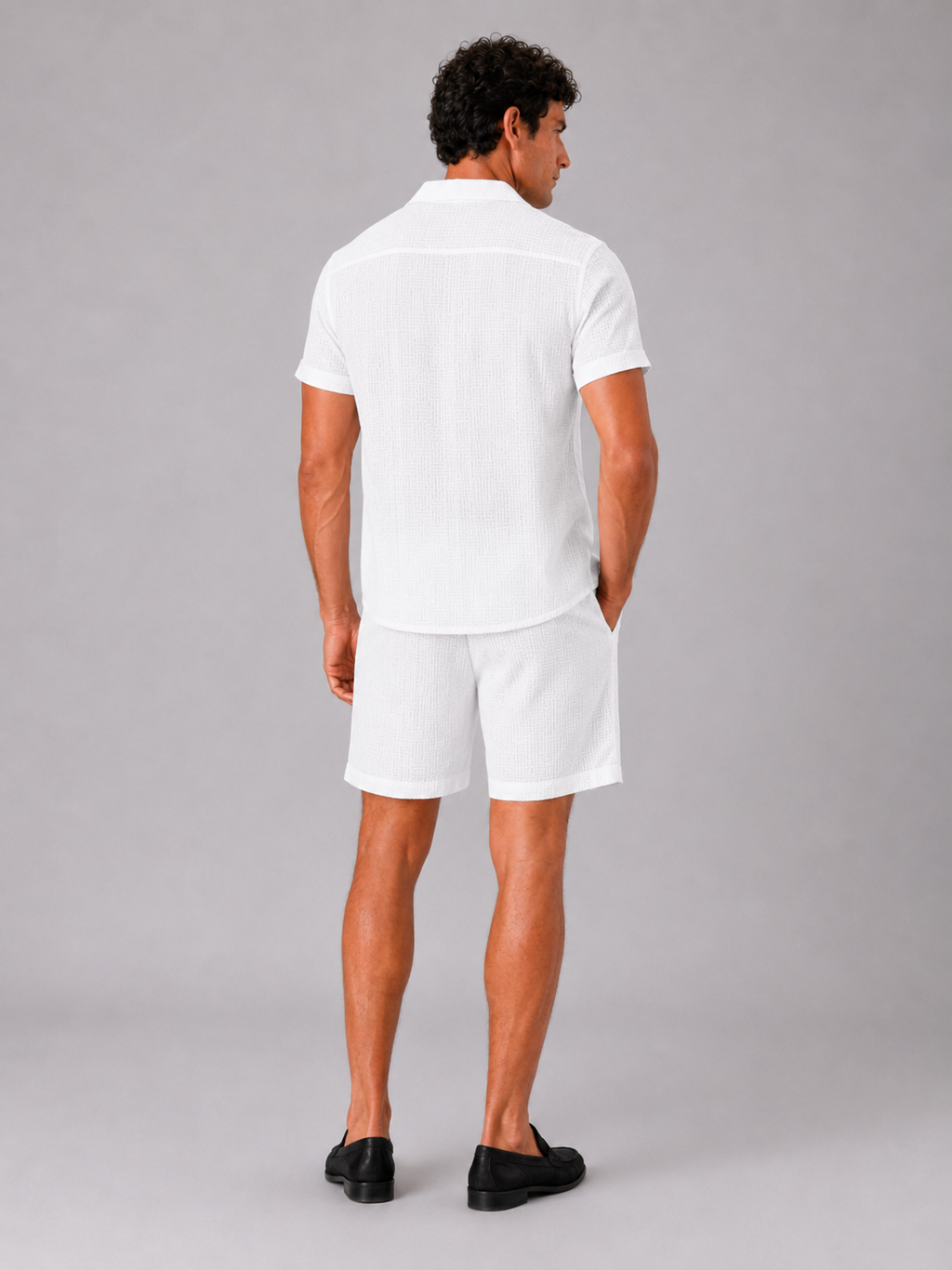 Men’s white jacquard two piece outfit breathable comfortable style for vacation and resort wear