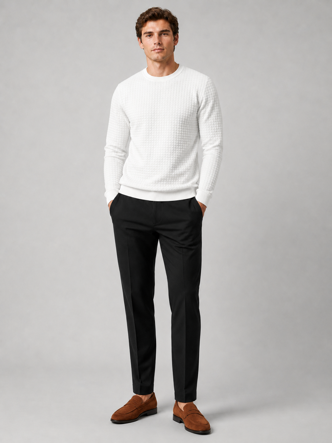 White jacquard crew neck sweater for men warm slim fit pullover for everyday wear