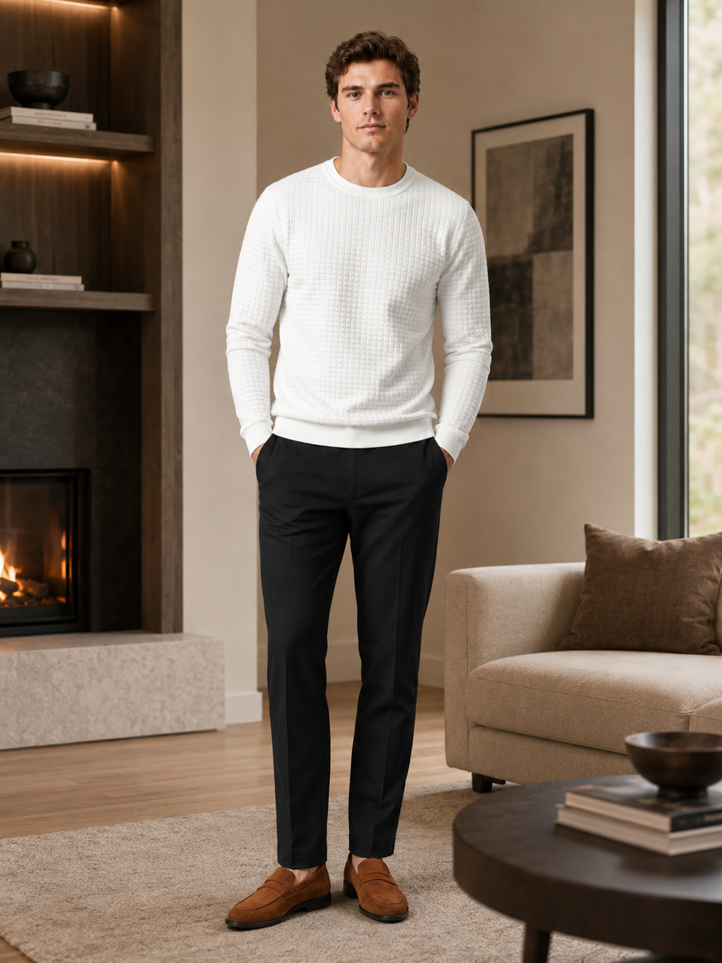 Man styling white jacquard crew neck sweater in a clean fall winter lifestyle outfit