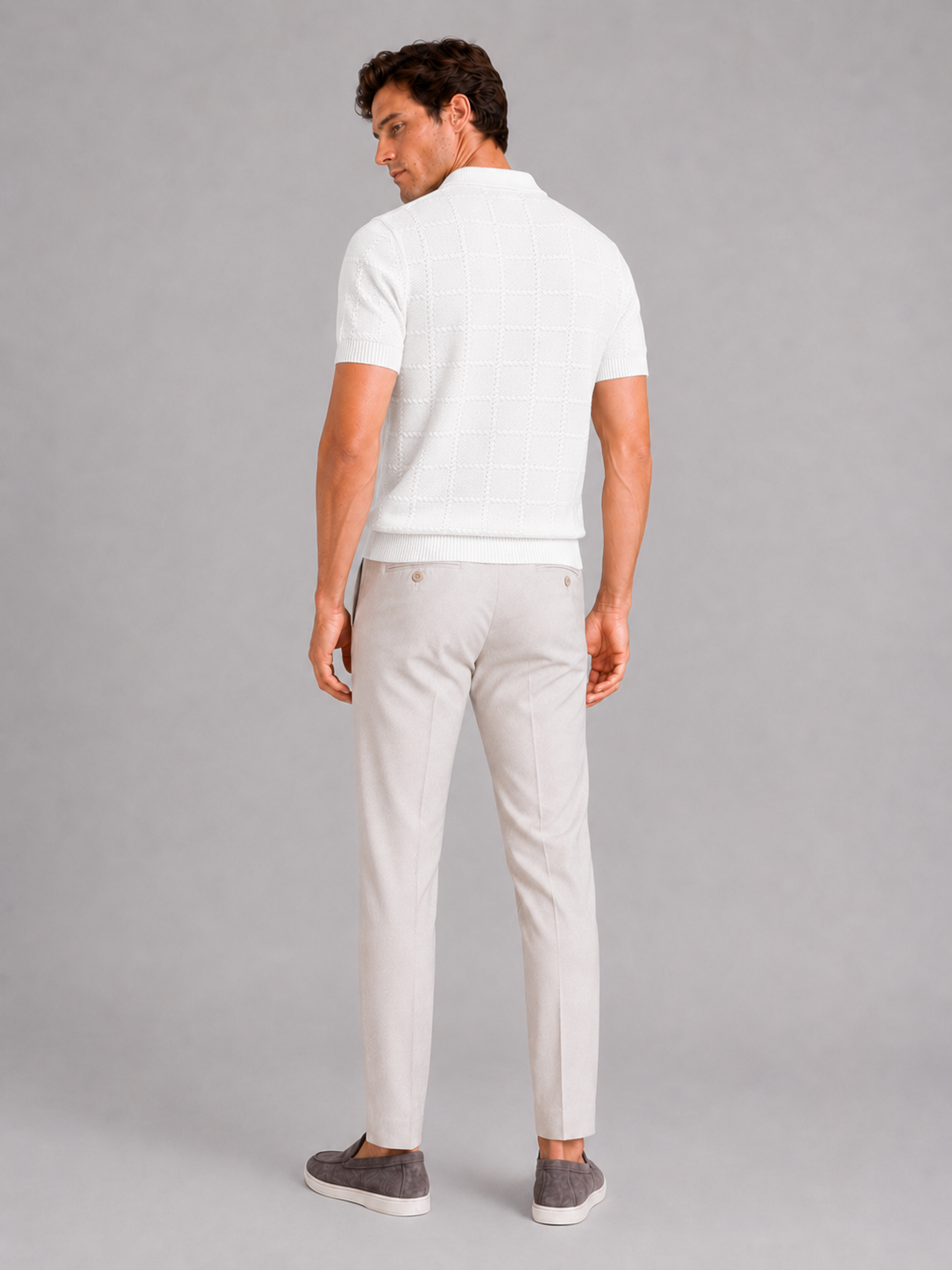 Men’s white short sleeve jacquard polo comfortable breathable top for business casual outfits