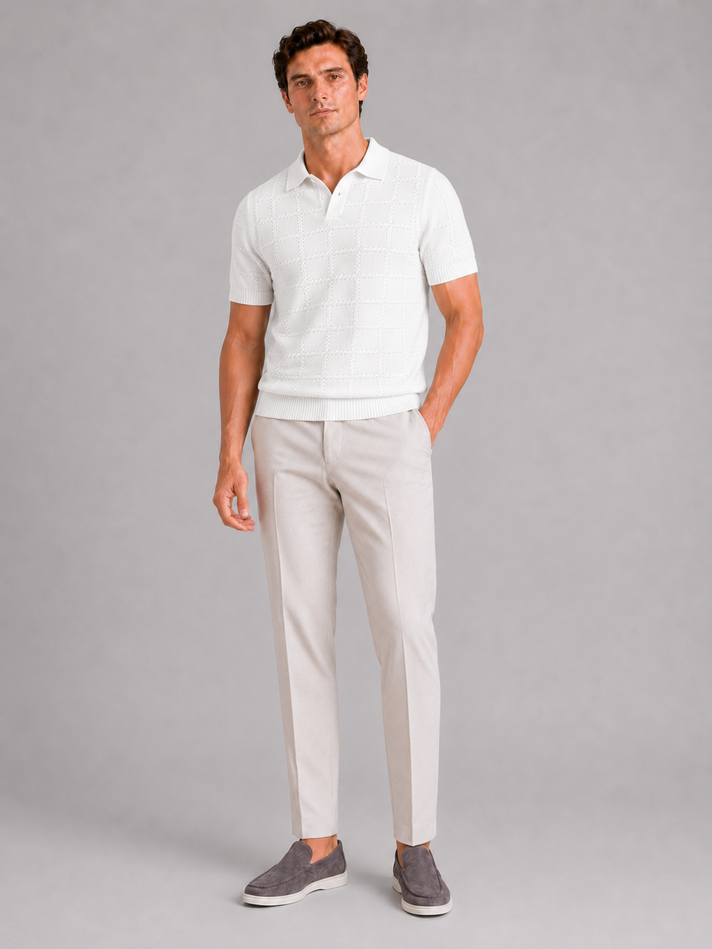 White jacquard polo shirt for men lightweight short sleeve summer top for vacation wear