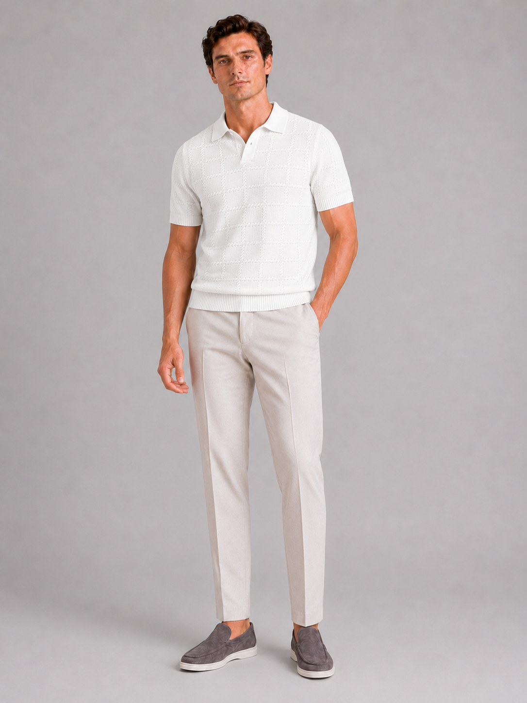 White jacquard polo shirt for men lightweight short sleeve summer top for vacation wear