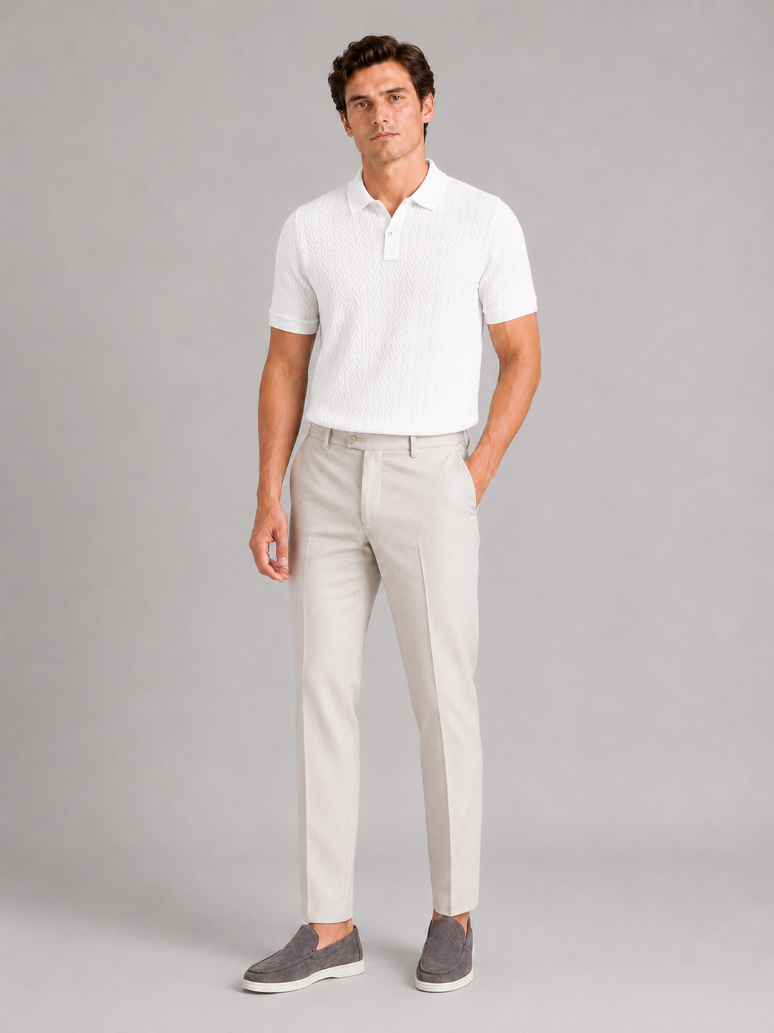 White knit polo shirt for men lightweight summer top for vacation and everyday wear