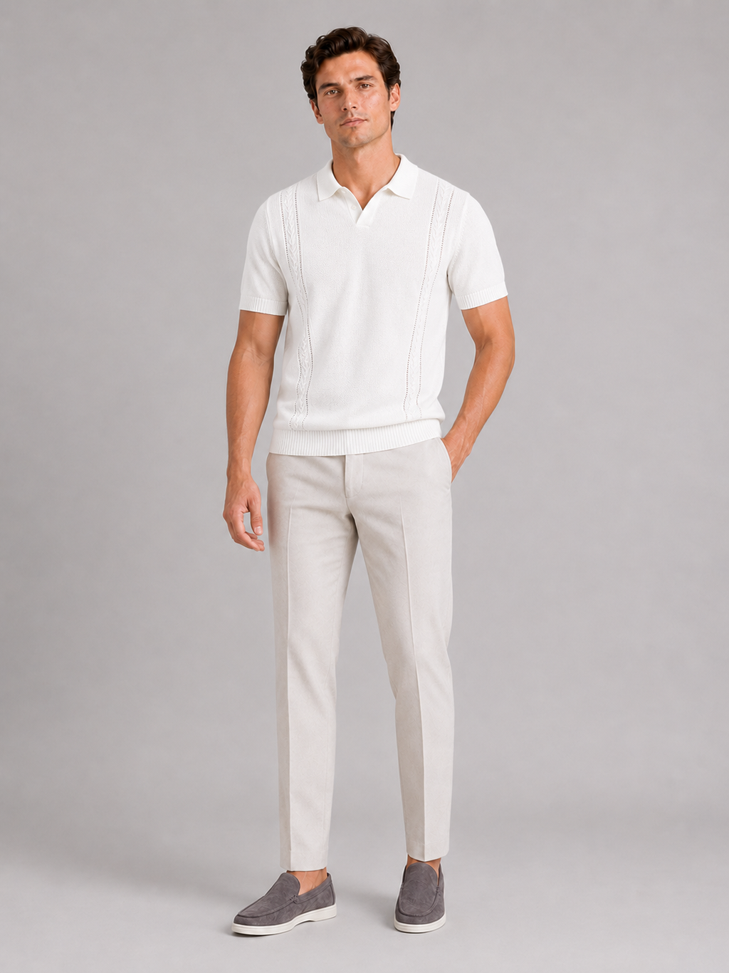 White knit polo shirt for men lightweight short sleeve summer top for casual wear