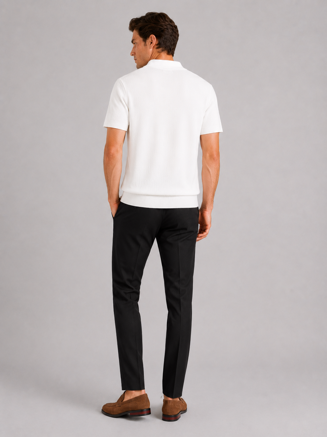 Men’s white solid color knit polo shirt comfortable summer top for business casual outfits